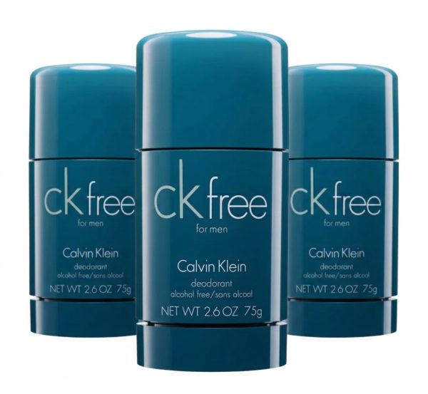 Three CK Free Deodorant Sticks for Men (75ml each) are standing upright against a white background.