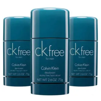 Three CK Free Deodorant Sticks for Men (75ml each) are standing upright against a white background.
