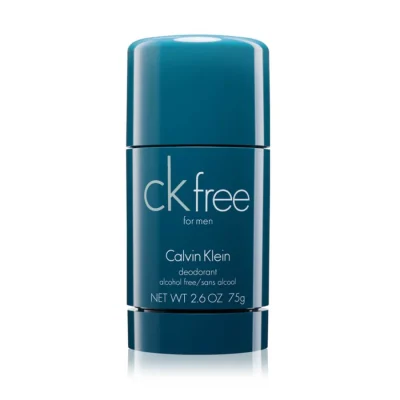 A teal stick of CK Free Deodorant for Men, 75ml, labeled as alcohol free.