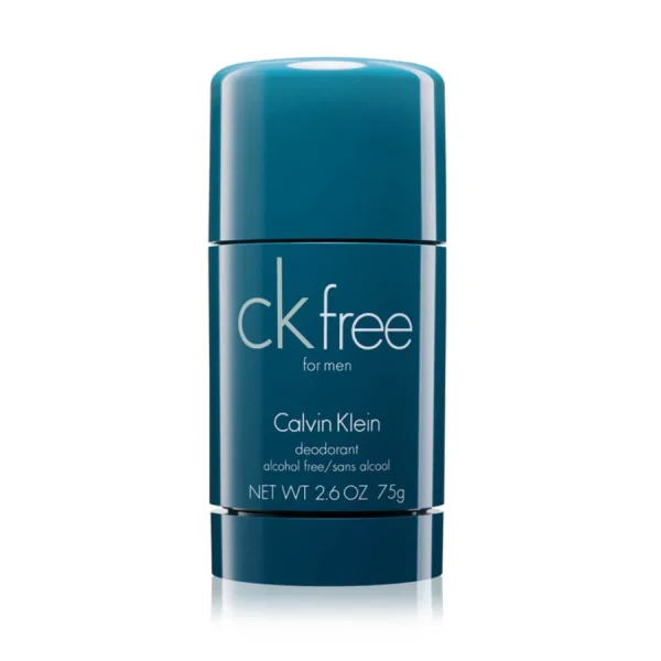 A teal stick of CK Free Deodorant for Men, 75ml, labeled as alcohol free.