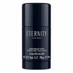 A navy blue stick of Calvin Klein Eternity for Men deodorant, labeled alcohol free, 2.6 oz (75g, 75ml), standing upright on a white background.