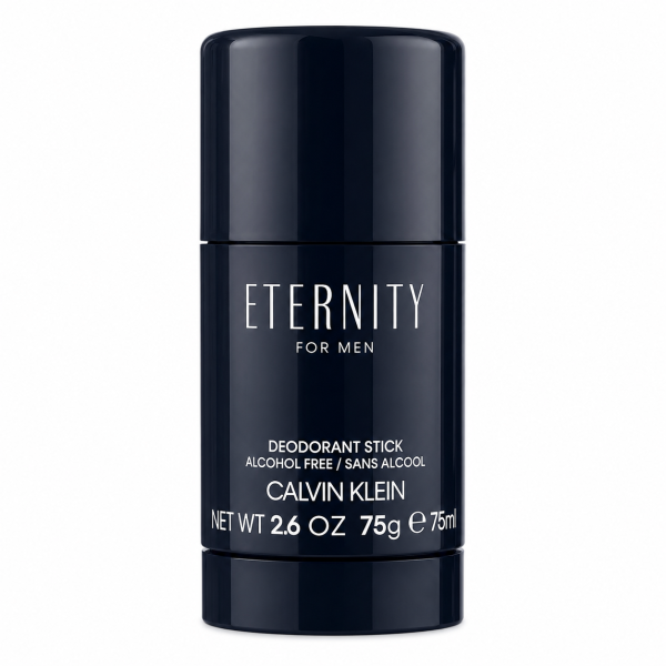A navy blue stick of Calvin Klein Eternity for Men deodorant, labeled alcohol free, 2.6 oz (75g, 75ml), standing upright on a white background.