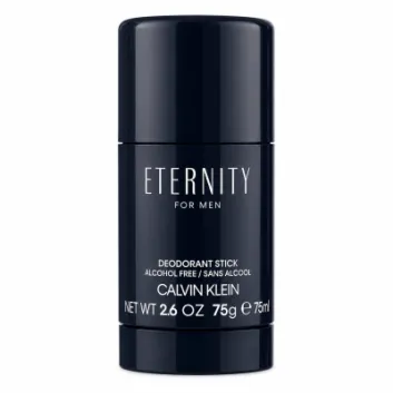 A navy blue stick of Calvin Klein Eternity for Men deodorant, labeled alcohol free, 2.6 oz (75g, 75ml), standing upright on a white background.