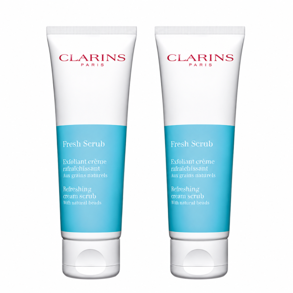 Three tubes of Clarins Fresh Scrub Refreshing Cream Scrub 50ml, in blue and white packaging, are displayed side by side on a white background.