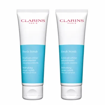 Three tubes of Clarins Fresh Scrub Refreshing Cream Scrub 50ml, in blue and white packaging, are displayed side by side on a white background.
