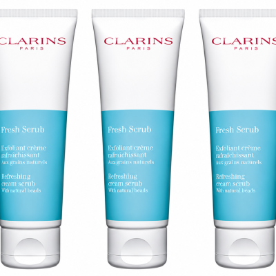 Three 50ml tubes of Clarins Fresh Scrub Refreshing Cream Scrub are displayed upright against a white background.
