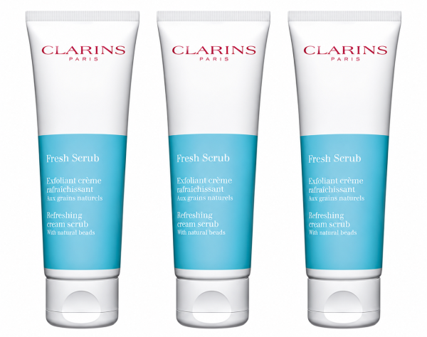 Three 50ml tubes of Clarins Fresh Scrub Refreshing Cream Scrub are displayed upright against a white background.