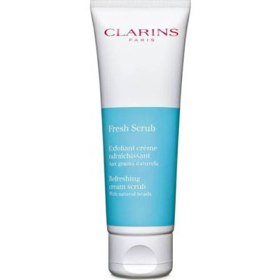 Set of 3 Clarins Fresh Scrub Refreshing Cream Scrub 50ml tubes, featuring a blue and white design and exfoliating formula with natural beads.