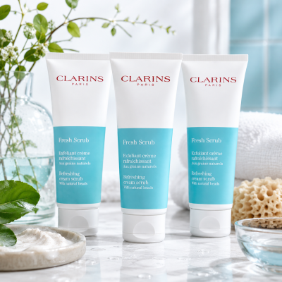 Three tubes of 3x Clarins Fresh Scrub Refreshing Cream Scrub 50ml with blue and white packaging are displayed on a marble surface alongside a glass vase, folded towel, and green leaves.
