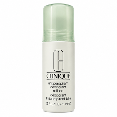 Clinique antiperspirant deodorant roll-on, 2.5 fl oz (75 ml), in a white bottle with a green cap.