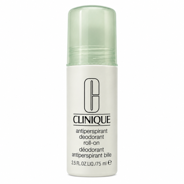 Clinique antiperspirant deodorant roll-on, 2.5 fl oz (75 ml), in a white bottle with a green cap.