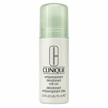 Clinique antiperspirant deodorant roll-on, 2.5 fl oz (75 ml), in a white bottle with a green cap.