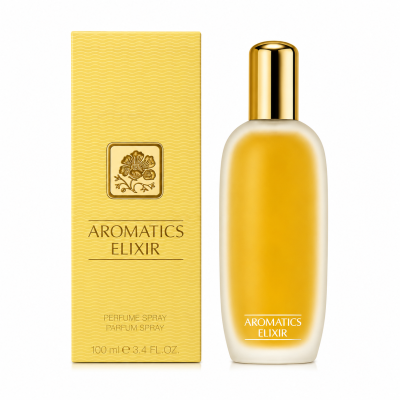 A yellow box labeled "Clinique Aromatics Elixir Eau de Parfum Spray, 100ml," featuring a floral design, sits next to a matching gold-capped perfume bottle—both displayed on a white background.