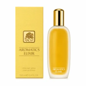 A yellow box labeled "Clinique Aromatics Elixir Eau de Parfum Spray, 100ml," featuring a floral design, sits next to a matching gold-capped perfume bottle—both displayed on a white background.