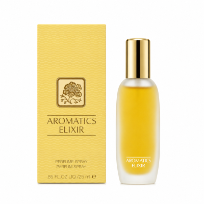 A yellow box and a frosted glass spray bottle of Clinique Aromatics Elixir Eau de Parfum Spray, 100ml (Copy), are displayed side by side against a white background.