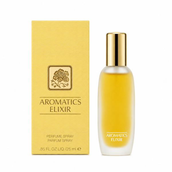 A yellow box and a frosted glass spray bottle of Clinique Aromatics Elixir Eau de Parfum Spray, 100ml (Copy), are displayed side by side against a white background.