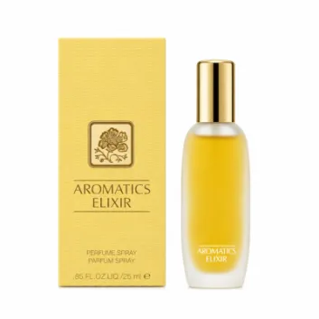 A yellow box and a frosted glass spray bottle of Clinique Aromatics Elixir Eau de Parfum Spray, 100ml (Copy), are displayed side by side against a white background.