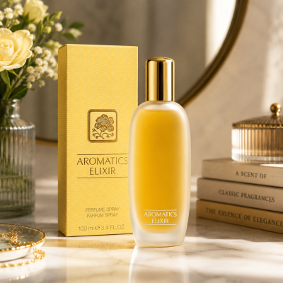 A bottle and box of Clinique Aromatics Elixir Eau de Parfum Spray, 100ml, are displayed on a marble surface near flowers and stacked books, with sunlight casting soft shadows.