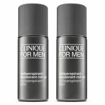 Two bottles of Clinique For Men Antiperspirant Deodorant Roll-On 75ml stand side by side on a white background.
