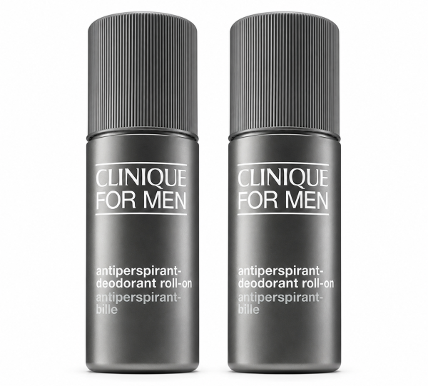Two bottles of Clinique For Men Antiperspirant Deodorant Roll-On 75ml stand side by side on a white background.