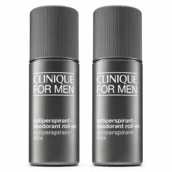Two bottles of Clinique For Men Antiperspirant Deodorant Roll-On 75ml stand side by side on a white background.