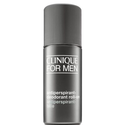 Two grey bottles of Clinique For Men Antiperspirant Deodorant Roll-On 75ml with white text, standing upright against a white background.