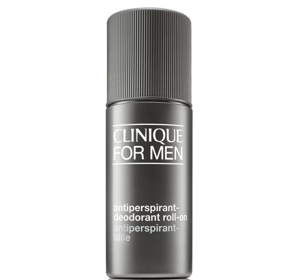 Two grey bottles of Clinique For Men Antiperspirant Deodorant Roll-On 75ml with white text, standing upright against a white background.