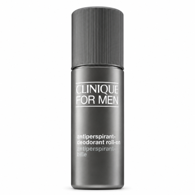 Two cylindrical gray bottles of Clinique For Men Antiperspirant Deodorant Roll-On 75ml, each featuring white text and a ribbed cap, stand upright on a white background.