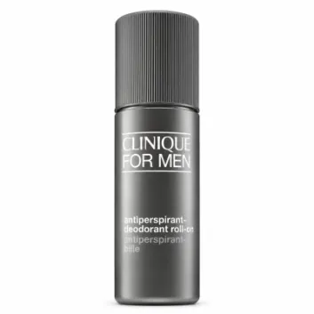Two cylindrical gray bottles of Clinique For Men Antiperspirant Deodorant Roll-On 75ml, each featuring white text and a ribbed cap, stand upright on a white background.