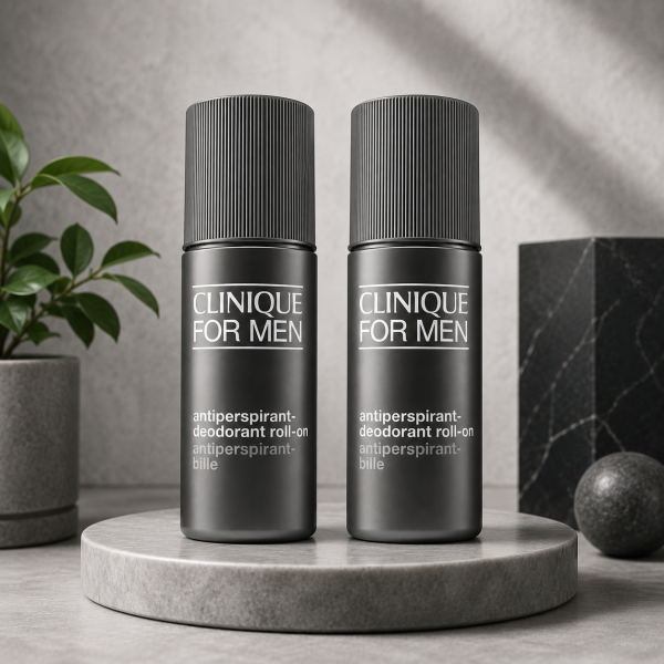 Two bottles of 2x Clinique For Men Antiperspirant Deodorant Roll-On 75ml are displayed on a round stone platform, set against a gray background with potted plants nearby.
