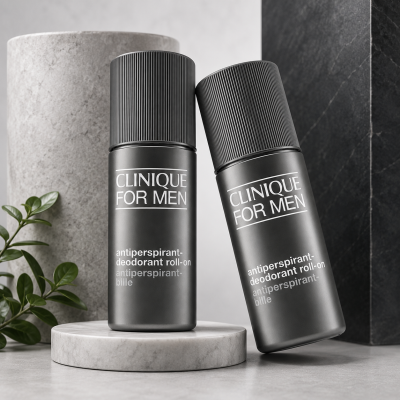 Two 75ml bottles of Clinique For Men Antiperspirant Deodorant Roll-On stand on round stone platforms with a plant and dark textured background.