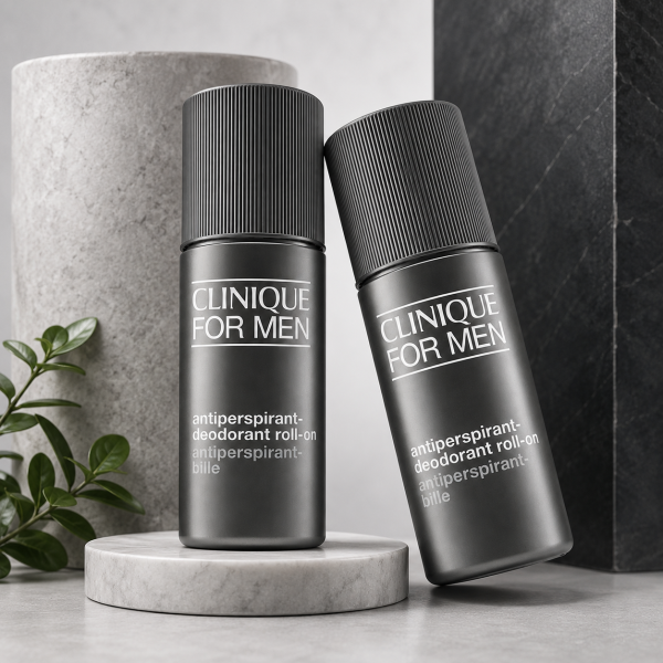 Two 75ml bottles of Clinique For Men Antiperspirant Deodorant Roll-On stand on round stone platforms with a plant and dark textured background.