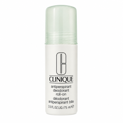 Clinique antiperspirant deodorant roll-on bottle with a green cap, 2.5 fl. oz. size, standing upright on a white background.