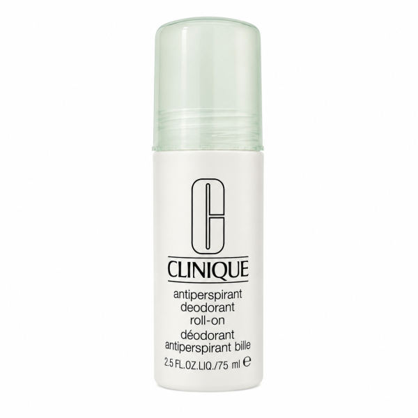 Clinique antiperspirant deodorant roll-on bottle with a green cap, 2.5 fl. oz. size, standing upright on a white background.