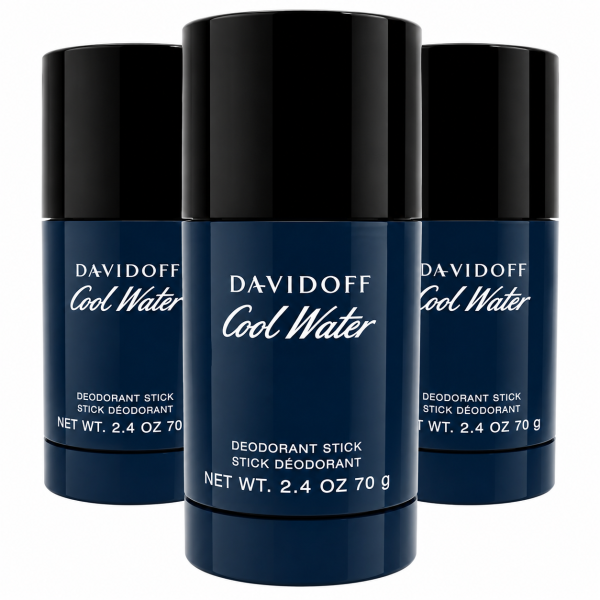 Three Davidoff Cool Water deodorant sticks in dark blue packaging, each labeled as 2.4 oz (70 g), are arranged upright next to each other against a white background.