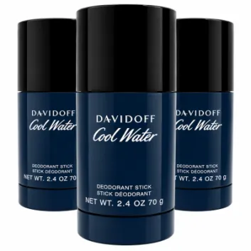Three Davidoff Cool Water deodorant sticks in dark blue packaging, each labeled as 2.4 oz (70 g), are arranged upright next to each other against a white background.