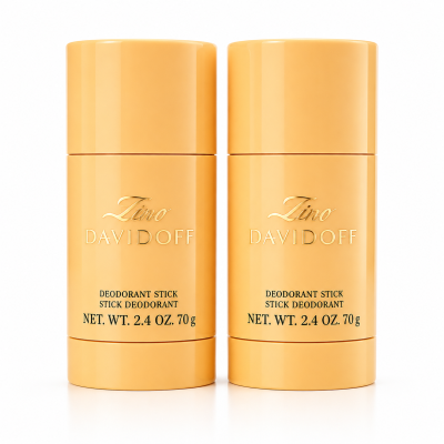 Two cylindrical yellow sticks of Davidoff Zino Deodorant for Men, each 75ml, are standing upright side by side on a white background.
