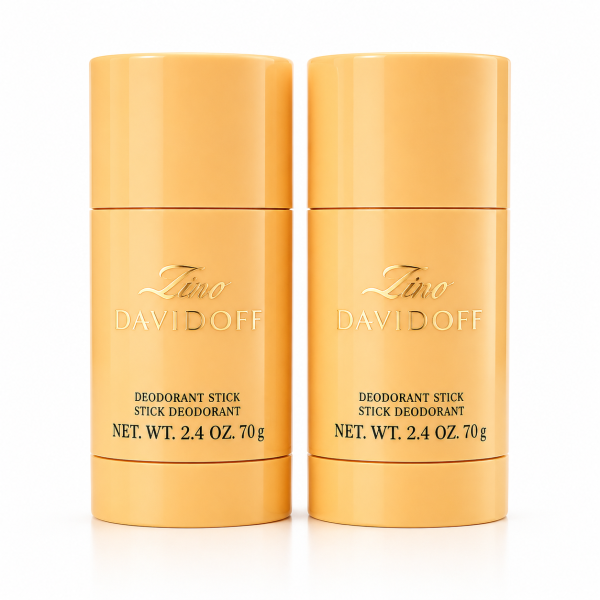 Two cylindrical yellow sticks of Davidoff Zino Deodorant for Men, each 75ml, are standing upright side by side on a white background.