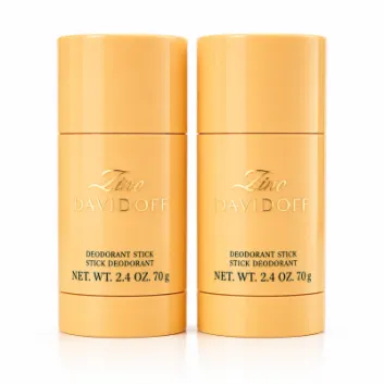 Two cylindrical yellow sticks of Davidoff Zino Deodorant for Men, each 75ml, are standing upright side by side on a white background.