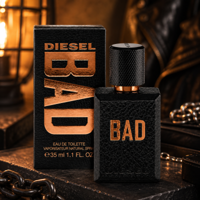 Diesel Bad EDT Spray for Men, 35ml, shown in sleek black packaging with bold metallic lettering, includes both the bottle and box displayed on a dark surface under ambient lighting.