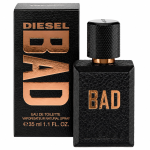 A 100ml bottle of Diesel Bad EDT Spray for Men is displayed beside its matching box, both in textured black with metallic copper lettering.