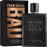A 100ml bottle of Diesel Bad EDT Spray for Men featuring textured black packaging with striking metallic lettering.
