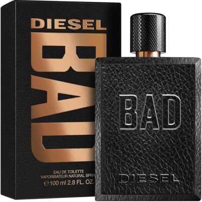 A 100ml bottle of Diesel Bad EDT Spray for Men featuring textured black packaging with striking metallic lettering.