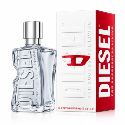 Clear glass Diesel D by Diesel Eau de Toilette Spray for Men (30ml) perfume bottle with a metallic cap, displayed next to its white and red branded box, both labeled "For Successful Living.