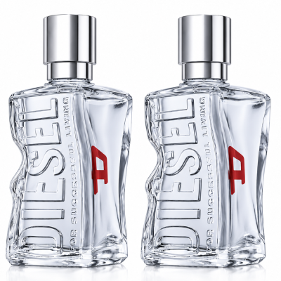 Two identical bottles of Diesel D by Diesel Eau de Toilette Spray for Men, 30ml, featuring clear glass with "DIESEL" embossed vertically, silver caps, and a small red accent on each bottle, displayed against a white background.