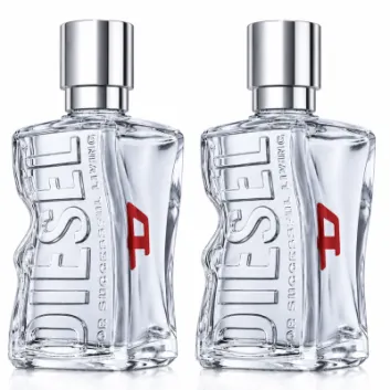 Two identical bottles of Diesel D by Diesel Eau de Toilette Spray for Men, 30ml, featuring clear glass with "DIESEL" embossed vertically, silver caps, and a small red accent on each bottle, displayed against a white background.