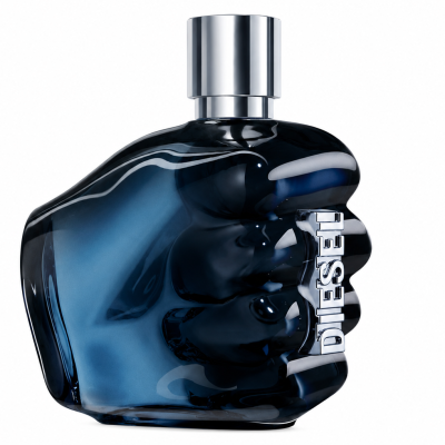 A 125ml blue glass bottle of Diesel Only the Brave Eau de Parfum spray for him, designed in the shape of a clenched fist with "DIESEL" in silver letters on the side and finished with a metallic silver cap.