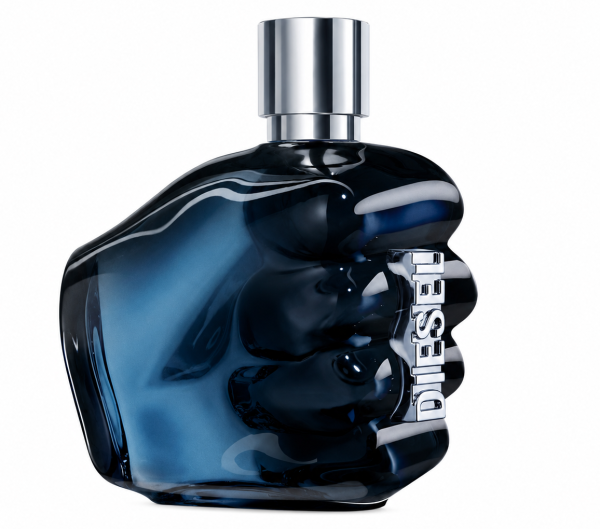 A 125ml blue glass bottle of Diesel Only the Brave Eau de Parfum spray for him, designed in the shape of a clenched fist with "DIESEL" in silver letters on the side and finished with a metallic silver cap.