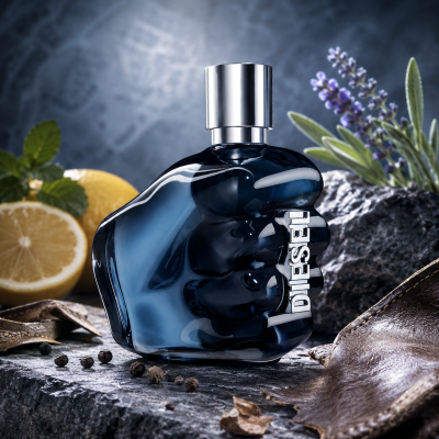 A blue, fist-shaped bottle of Diesel Only the Brave EDP spray for him (125ml) sits on a stone surface, surrounded by lemon, lavender, mint leaves, black pepper, and brown leather.