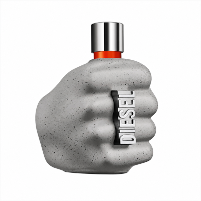 A gray, fist-shaped bottle with a silver cap and the word "DIESEL" in metallic letters embedded in the side, containing Diesel Only The Brave Street EDT Spray for Men, 50ml.